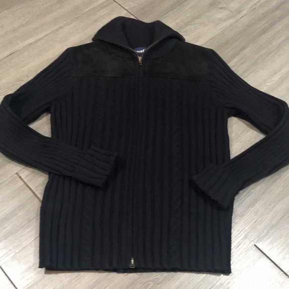 Denim & Co Black Zippers Front Black Cable Knit and Suede Cardigan Sweater - Picture 5 of 11